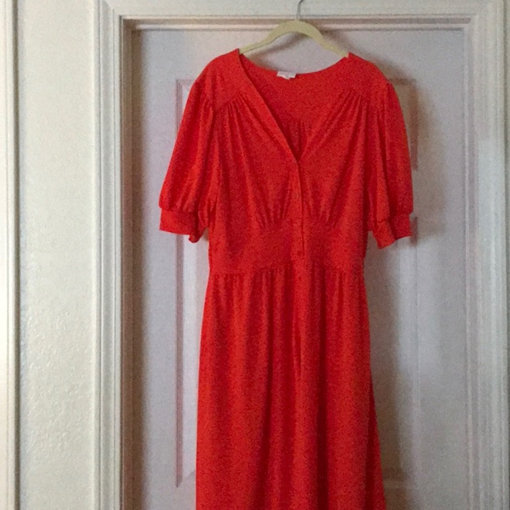 Orange Smocked Midi Sundress with Puff Sleeves